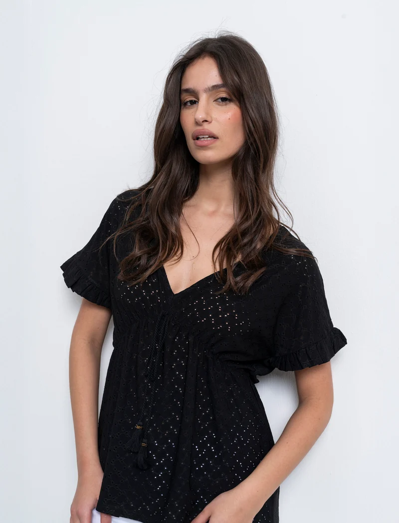 T-shirt in pizzo con elastico in vita da donna - Nero
