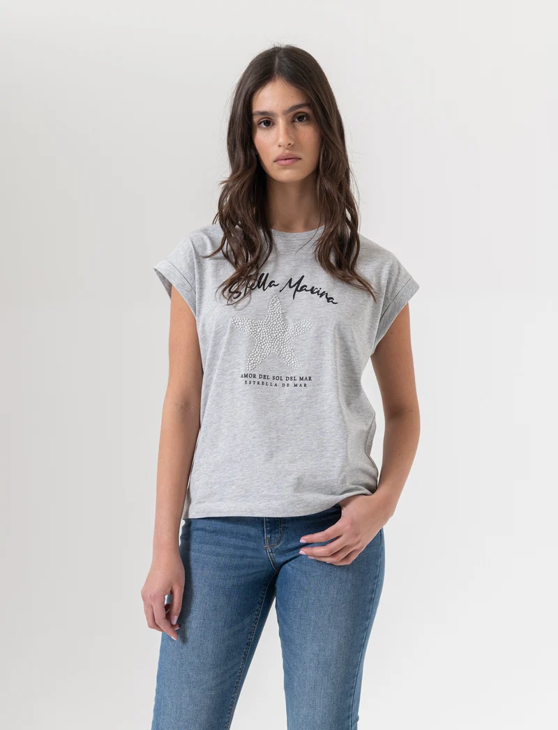 T-shirt con stampa e perline da donna - Grigio mel.