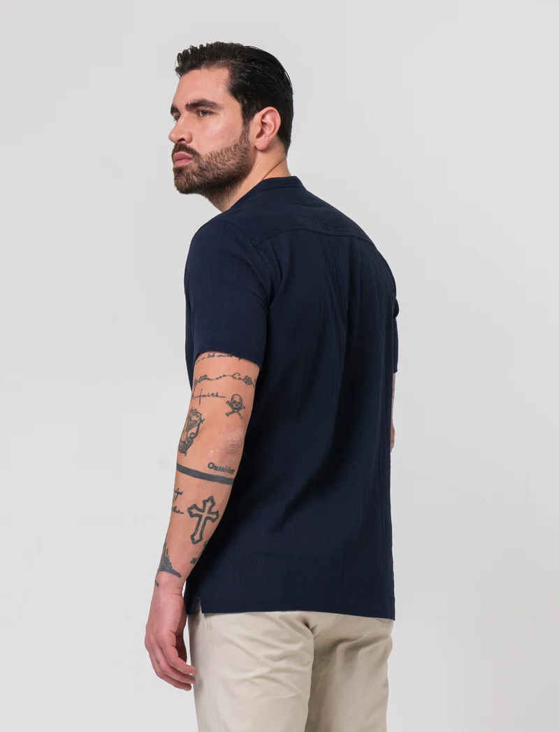 Camicia alla coreana da uomo effetto crepe - Blu