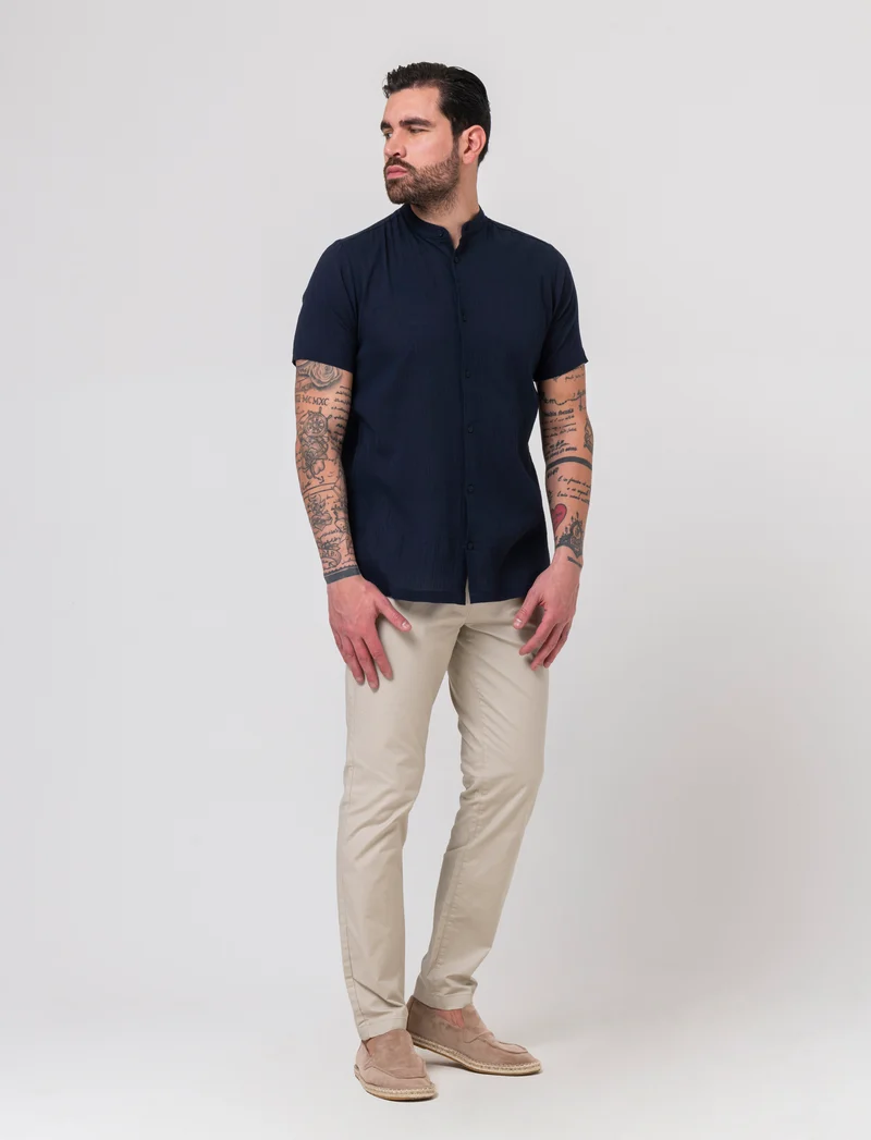 Camicia alla coreana da uomo effetto crepe - Blu