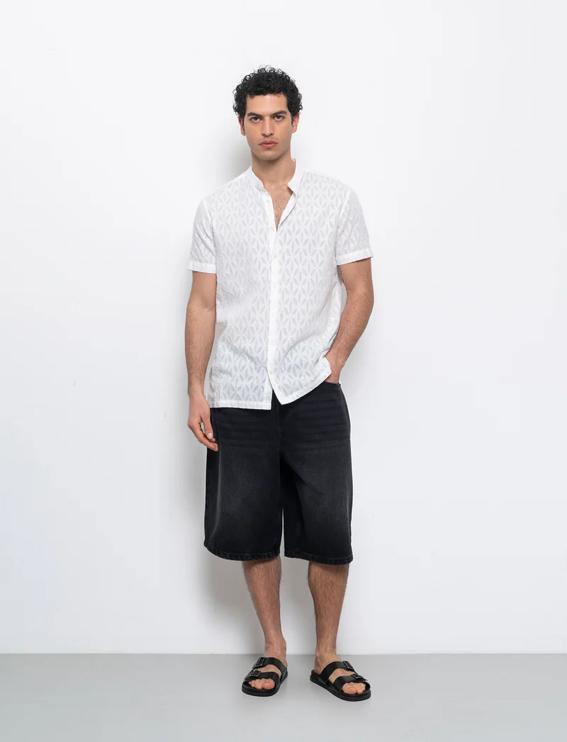 Camicia coreana fantasia jacquard da uomo - Bianco