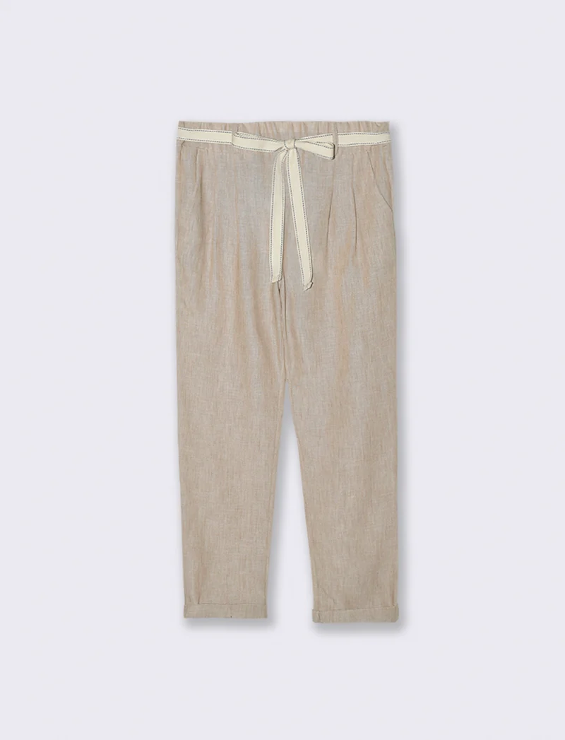 Pantalone con elastico in vita e cintura - Beige