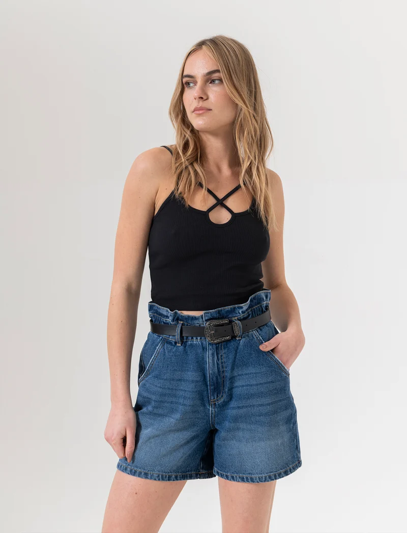 Top a costine da donna - Nero
