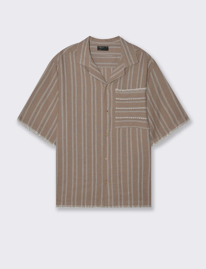 Camicia a righe effetto lino da uomo - Grigio tortora