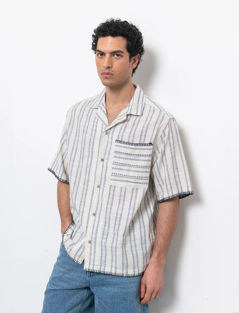 Camicia a righe effetto lino da uomo - Beige ecru