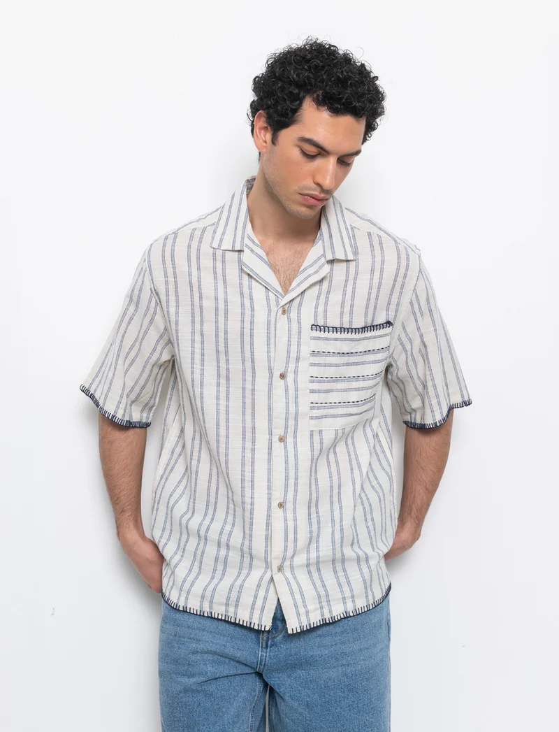 Camicia a righe effetto lino da uomo - Beige ecru
