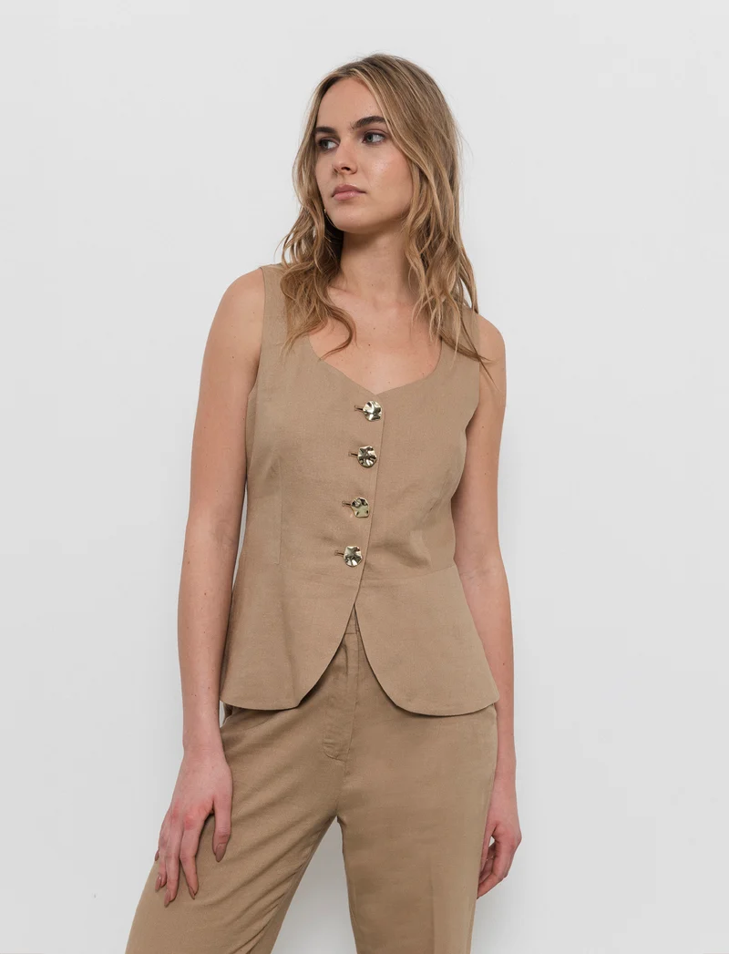 Gilet con bottoni gioiello da donna - Caramello