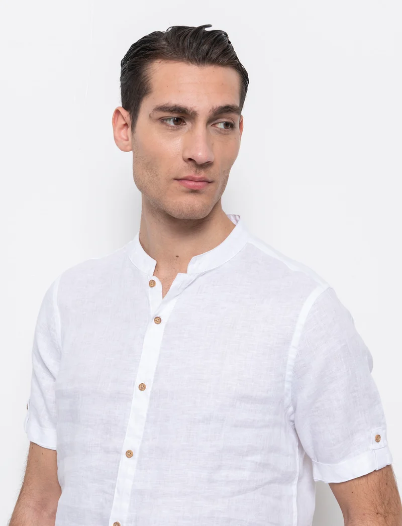 Camicia coreana manica corta 100% lino da uomo - Bianco