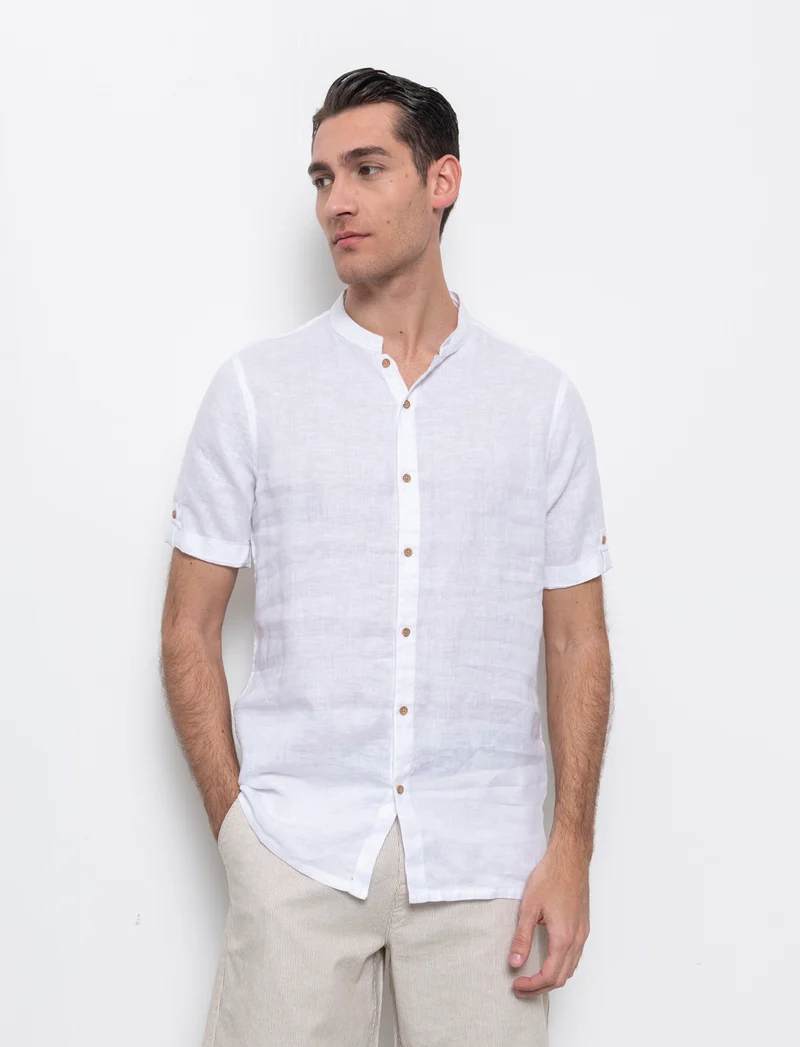 Camicia coreana manica corta 100% lino da uomo - Bianco