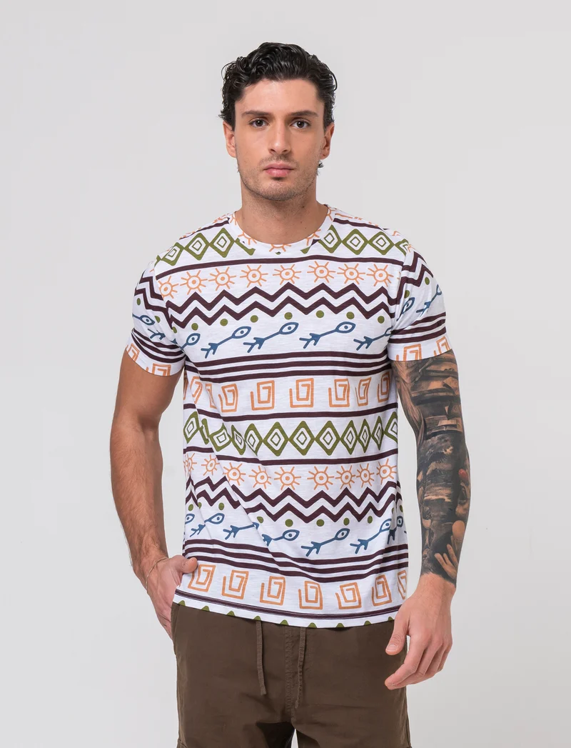 T-shirt in cotone slub con stampa azteca da uomo - Bianco