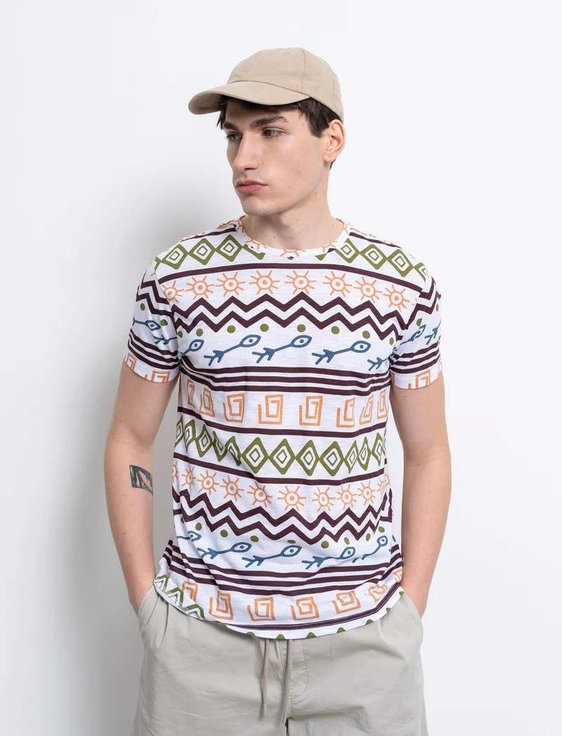 T-shirt in cotone slub con stampa azteca da uomo - Bianco