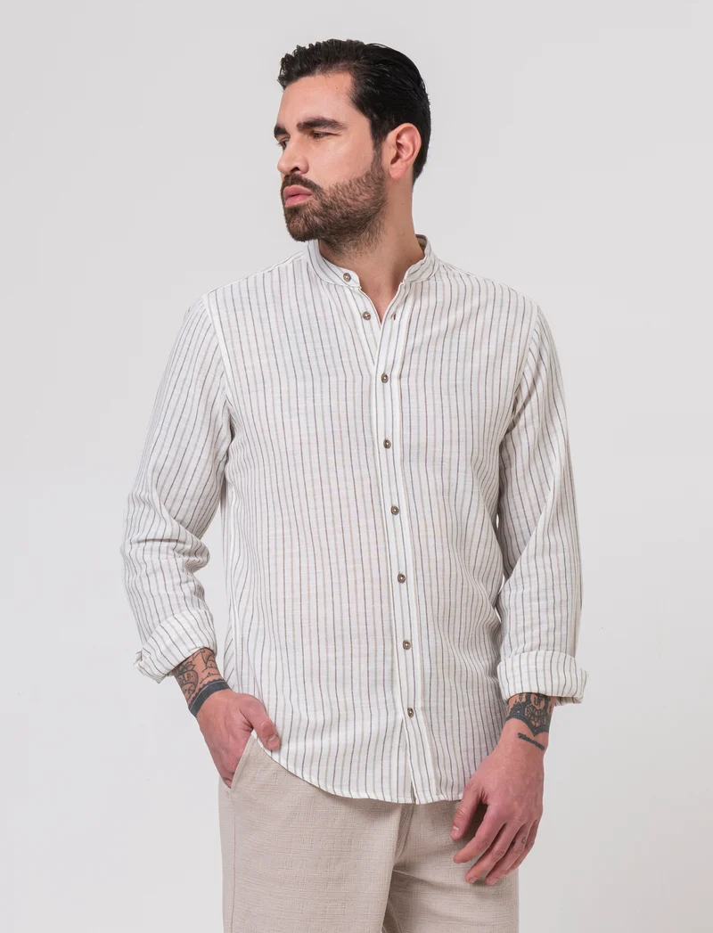 Camicia a righe effetto lino da uomo - Bianco