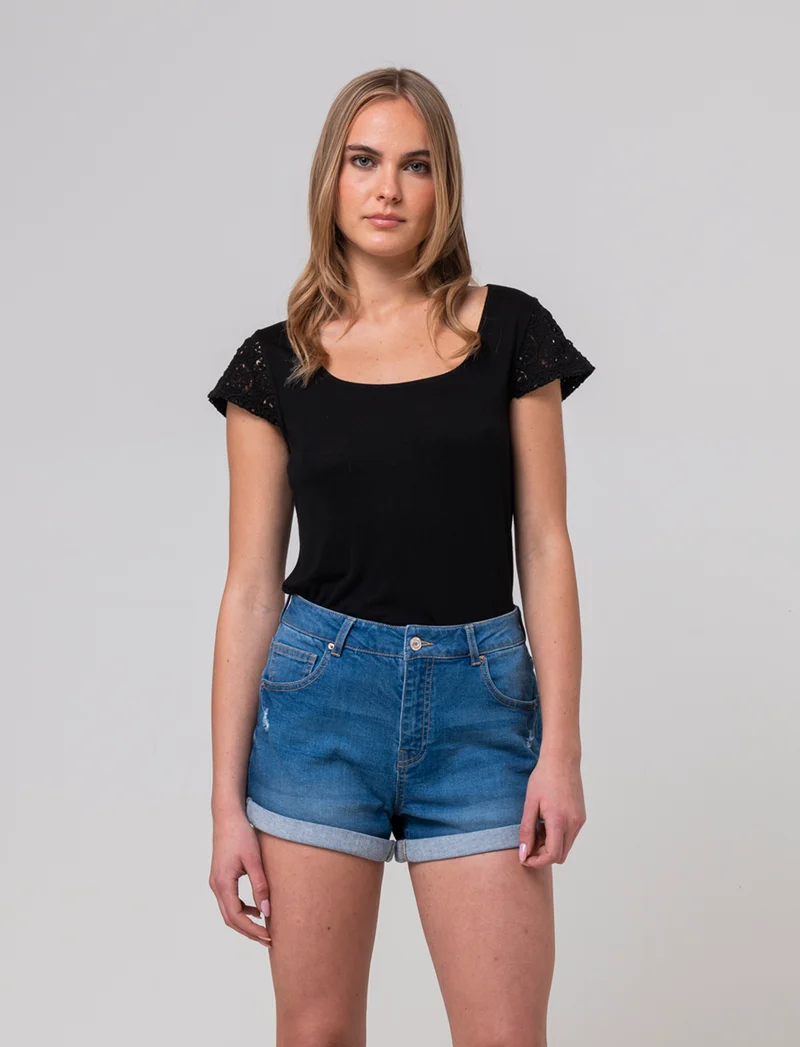 T-shirt con manica in pizzo da donna - Nero