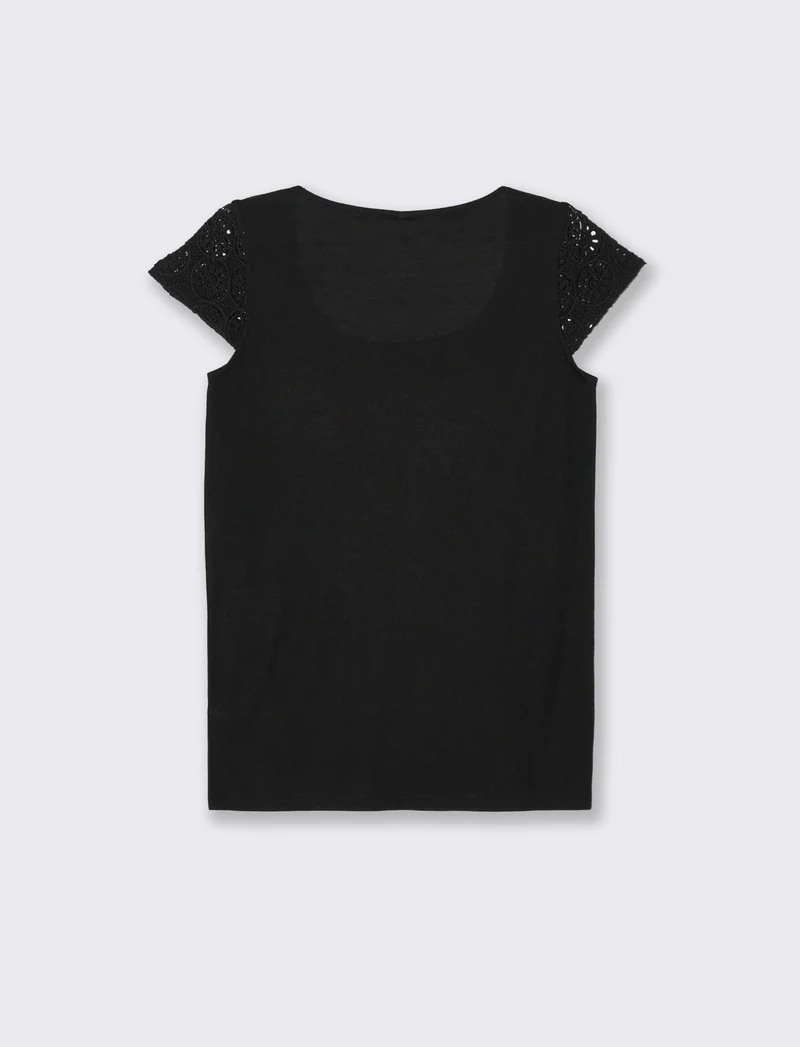 T-shirt con manica in pizzo da donna - Nero