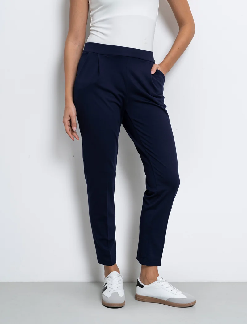 Pantalone elegante con taglio dritto, pieghe frontali e fascia elastica in vita. - Blu