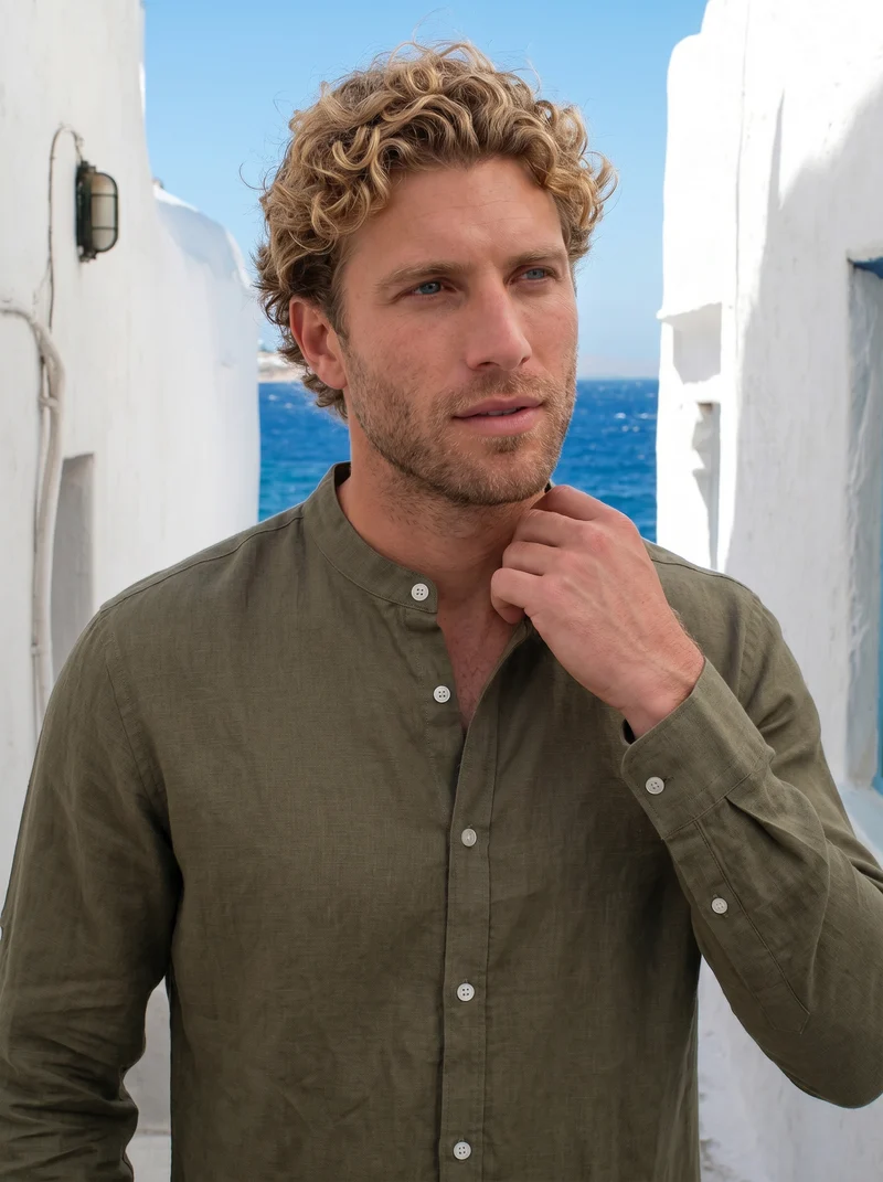 Camicia coreana 100% lino da uomo - Verde kaki