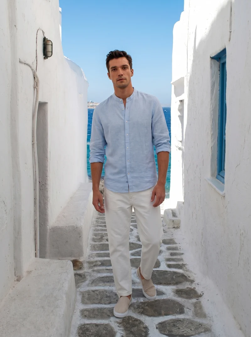 Camicia coreana 100% lino da uomo - Celeste polvere