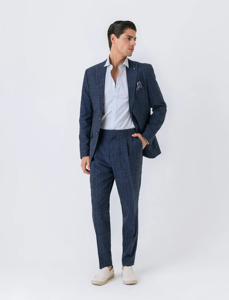 Pantaloni da completo gessato effetto slub da uomo - Blu melange