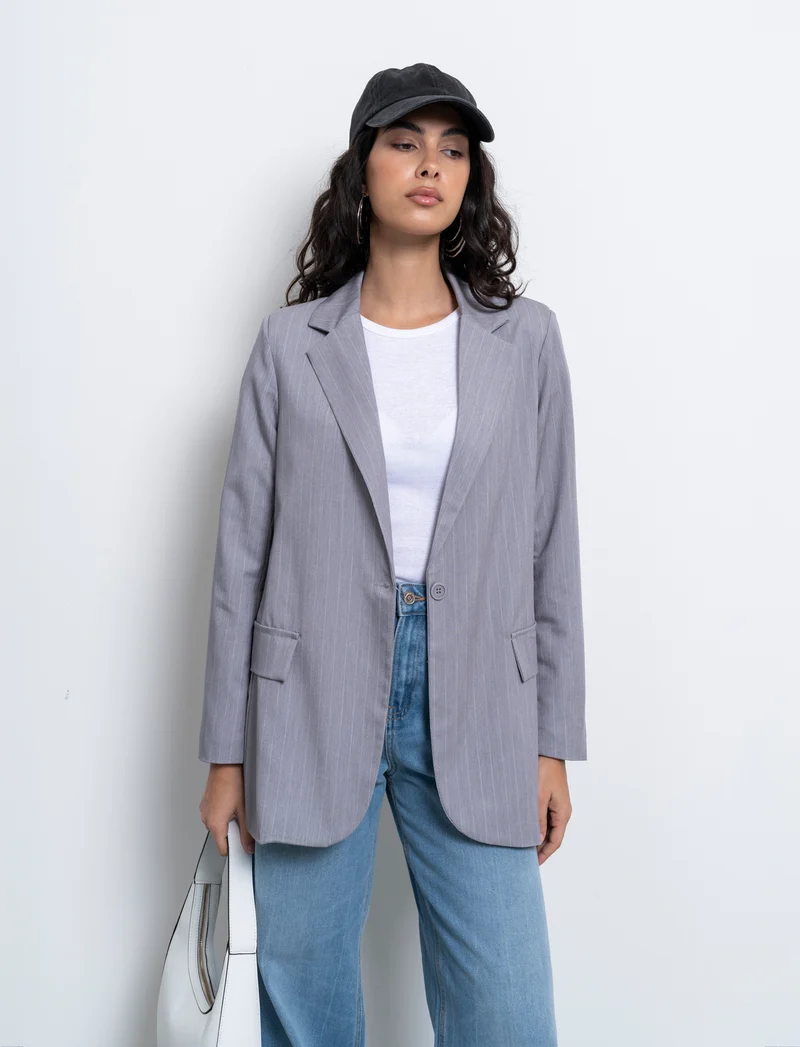 blazer in tessuto rigato con bottone sul davanti - Grigio chiaro