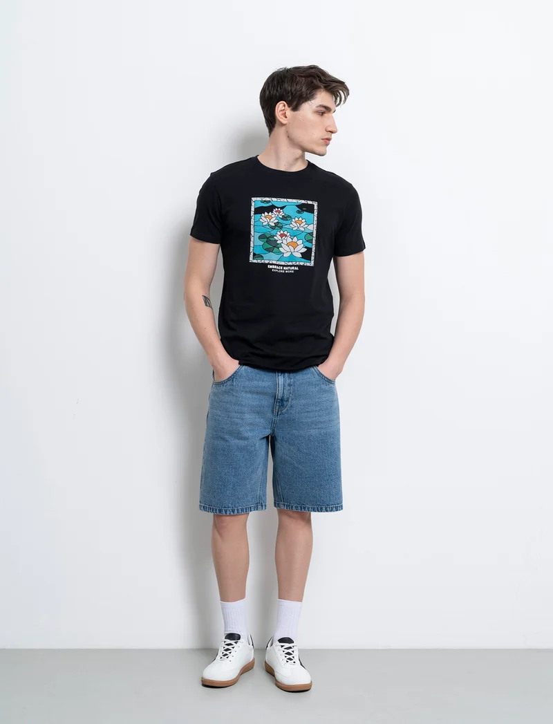 T-shirt con stampa effetto ricamo da uomo - Nero