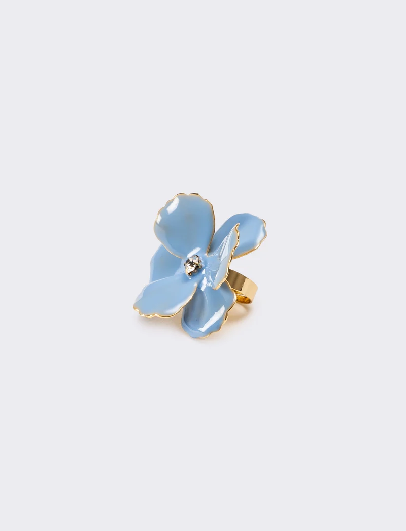Anello donna con fiore smaltato con strass - Celeste