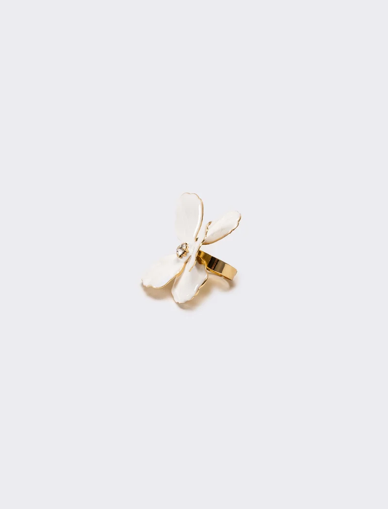 Anello donna con fiore smaltato con strass - Bianco