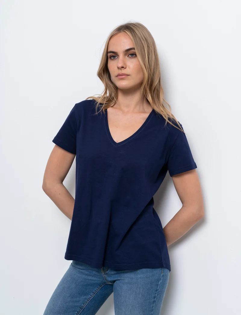 T-shirt scollo a v da donna - Blu