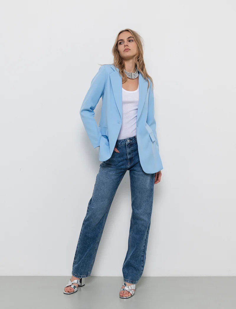 Blazer donna con collo revers e tasche - Celeste