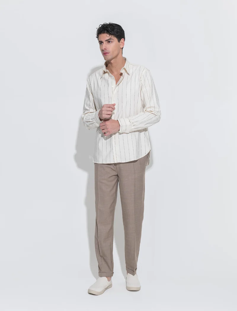 Camicia a righe in tessuto slub da uomo - Beige