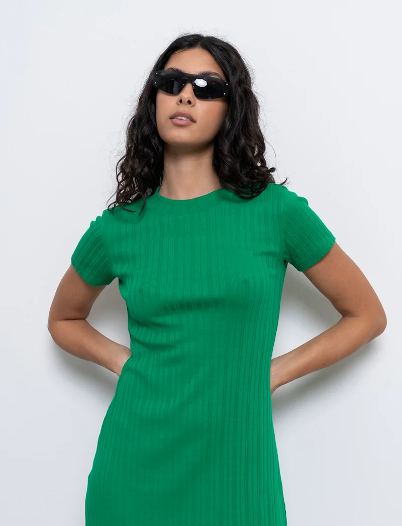Vestito a coste svasato da donna - Verde prato