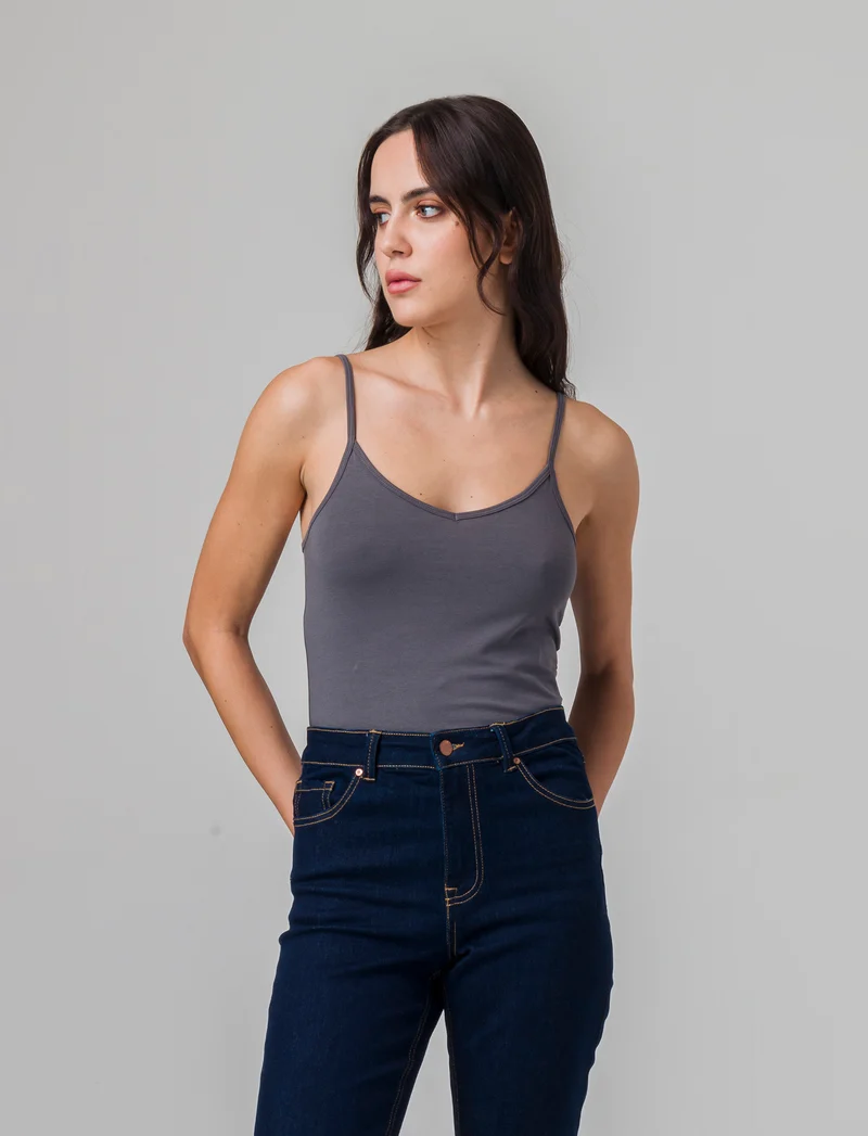 Top basico con scollo a v da donna - Grigio piombo