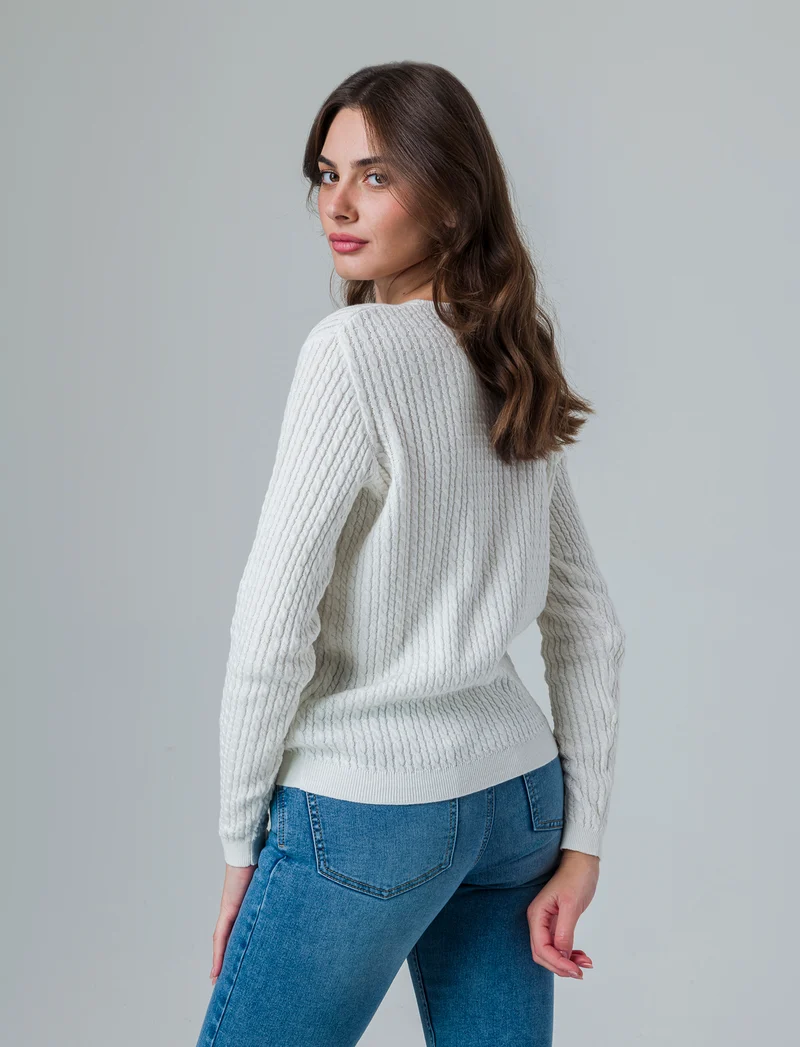 Maglia basica giro collo a trecce da donna - Avorio
