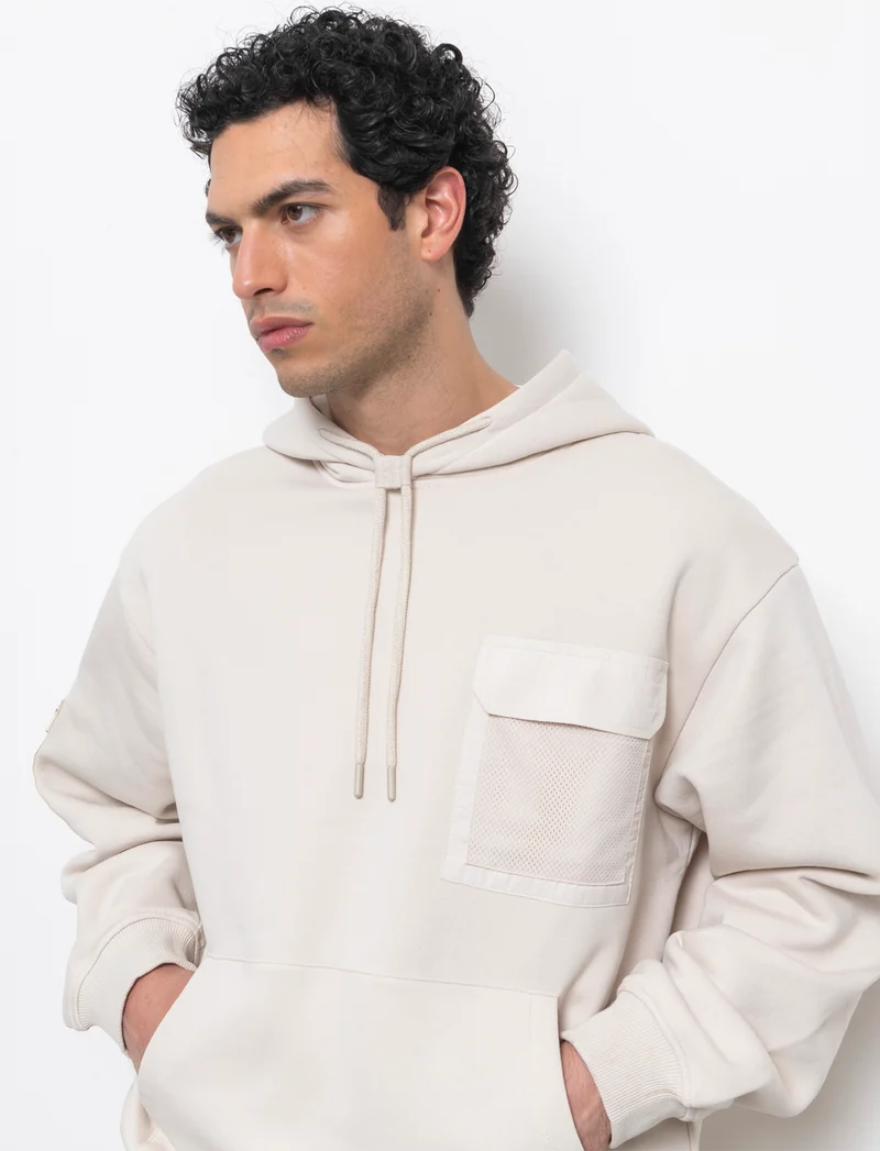 Felpa con stampe e cappuccio da uomo - Beige ecru