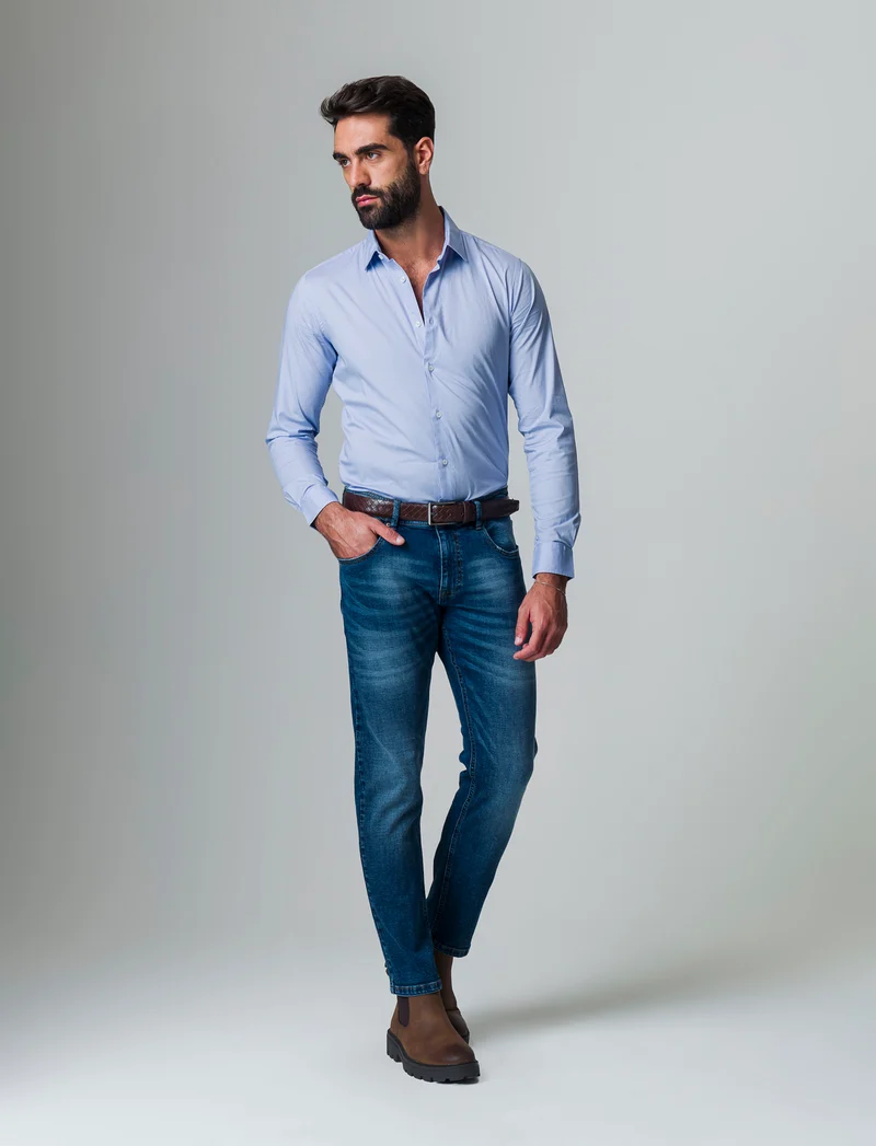 Camicia in popeline elasticizzata slim fit da uomo - Celeste