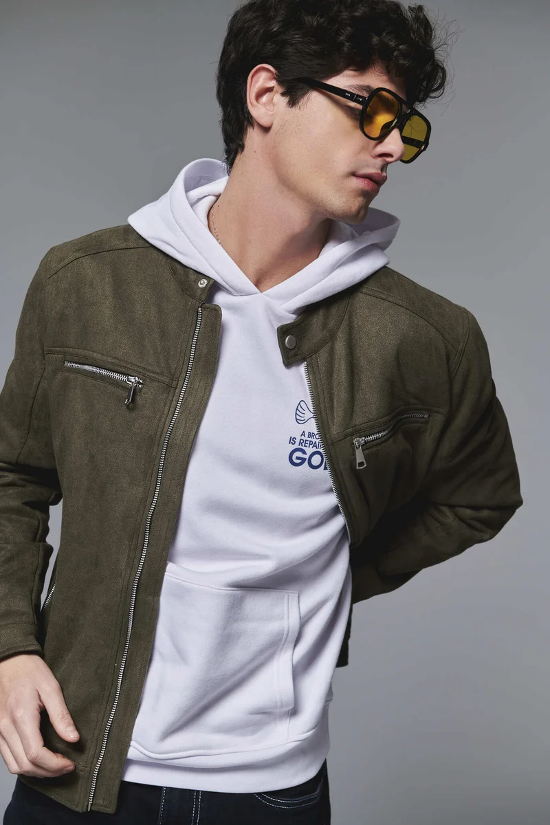 Giubbotto biker effetto scamosciato da uomo - Verde militare