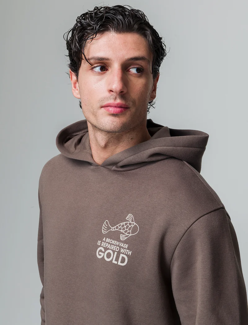 Felpa con stampe e cappuccio da uomo - Grigio fango