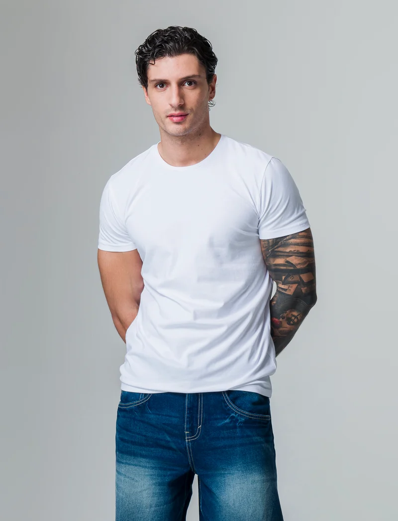 T-shirt basic in cotone elasticizzato slim fit da uomo - Bianco