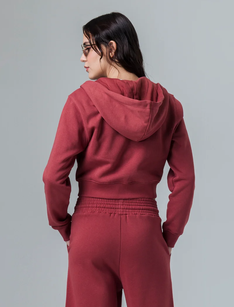 Felpa basic crop con cappuccio e zip da donna - Rosso mattone