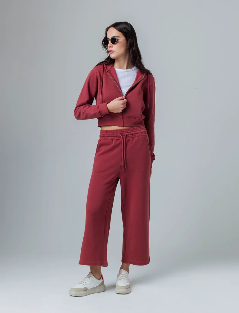 Felpa basic crop con cappuccio e zip da donna - Rosso mattone