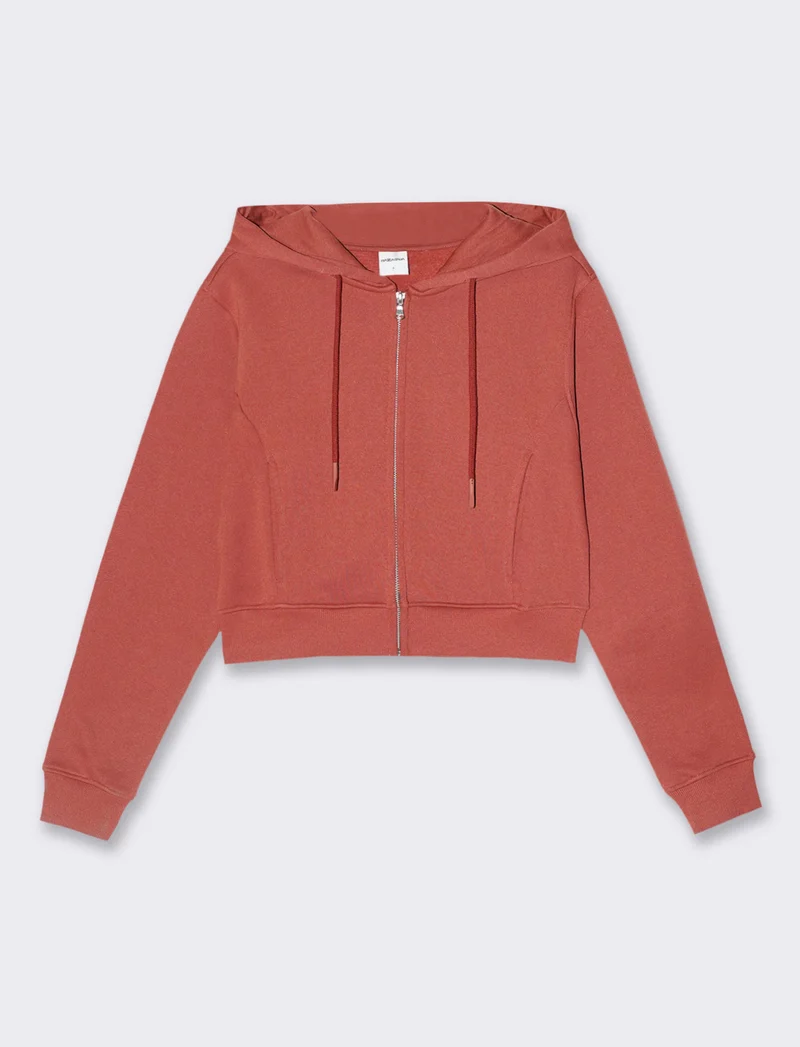 Felpa basic crop con cappuccio e zip da donna - Rosso mattone