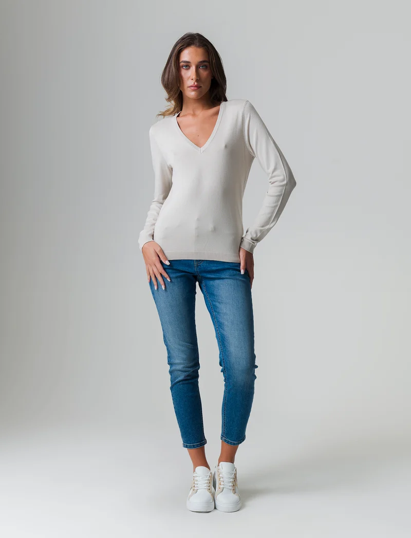 Maglia basica scollo a v da donna - Sabbia