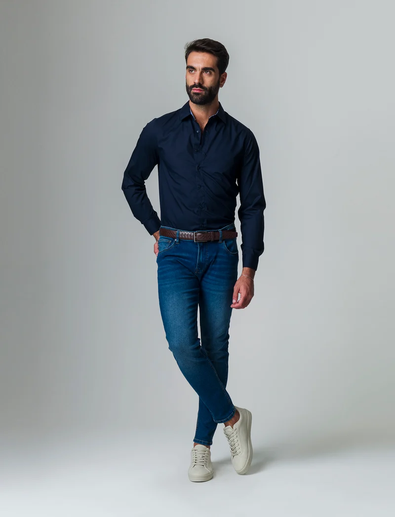Camicia regular fit easy iron unita ed a fantasia da uomo - Blu