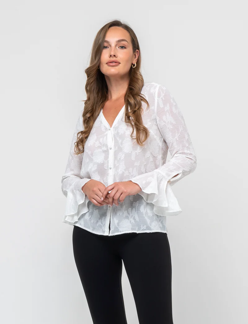 Camicia a manica lunga con scollo a V da donna - Bianco latte