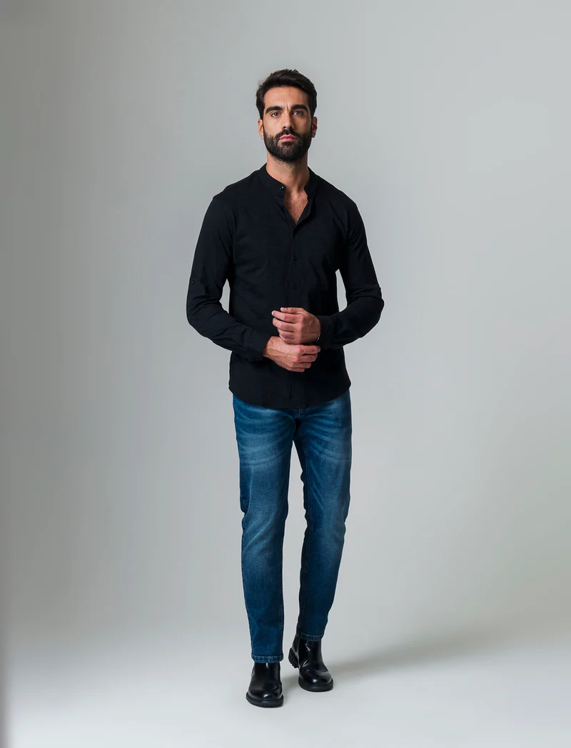 Camicia in jersey slub collo coreano da uomo - Nero