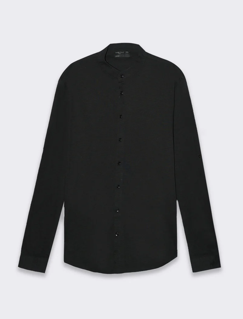 Camicia in jersey slub collo coreano da uomo - Nero