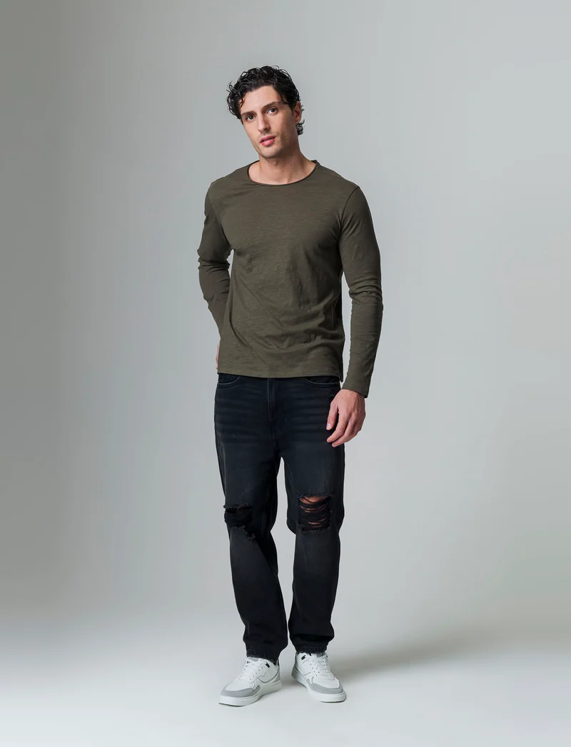 T-shirt basic in cotone slub da uomo - Verde kaki