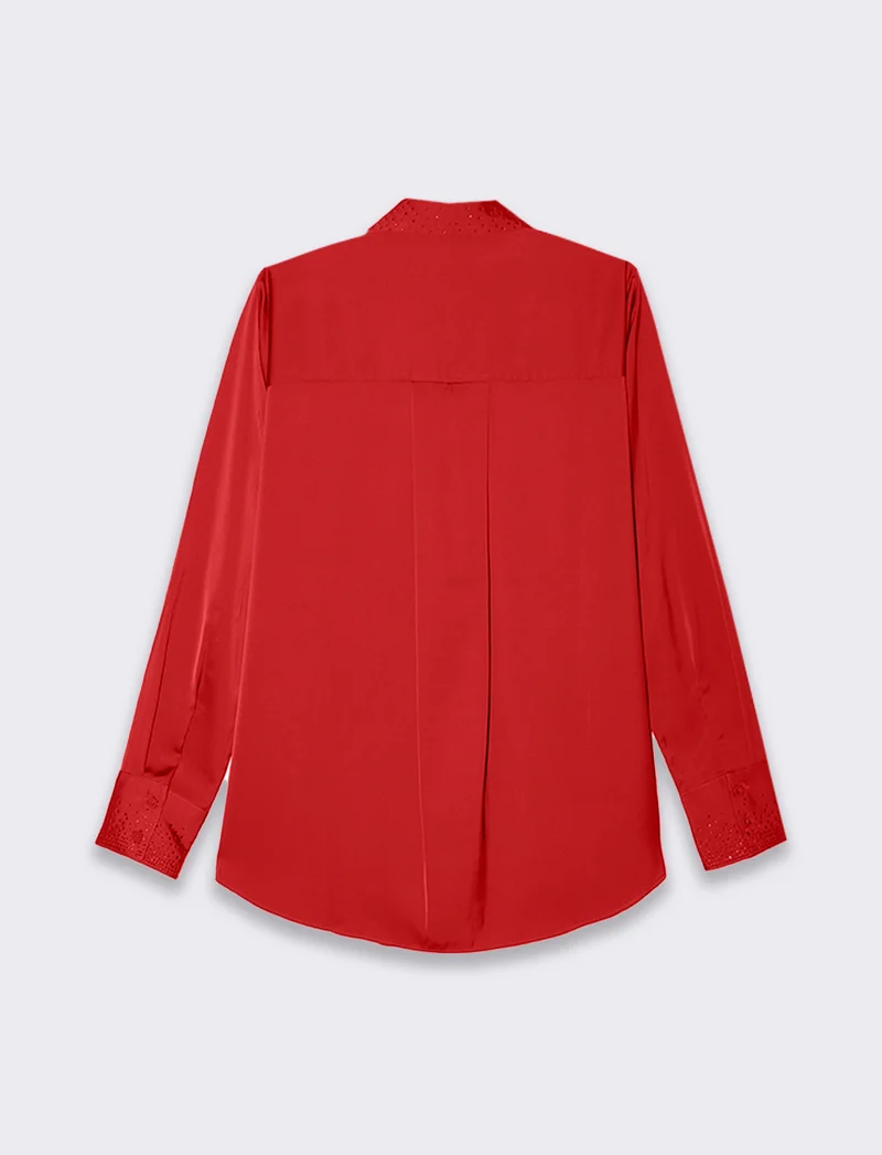 Camicia manica lunga in satin con strass da donna - Rosso