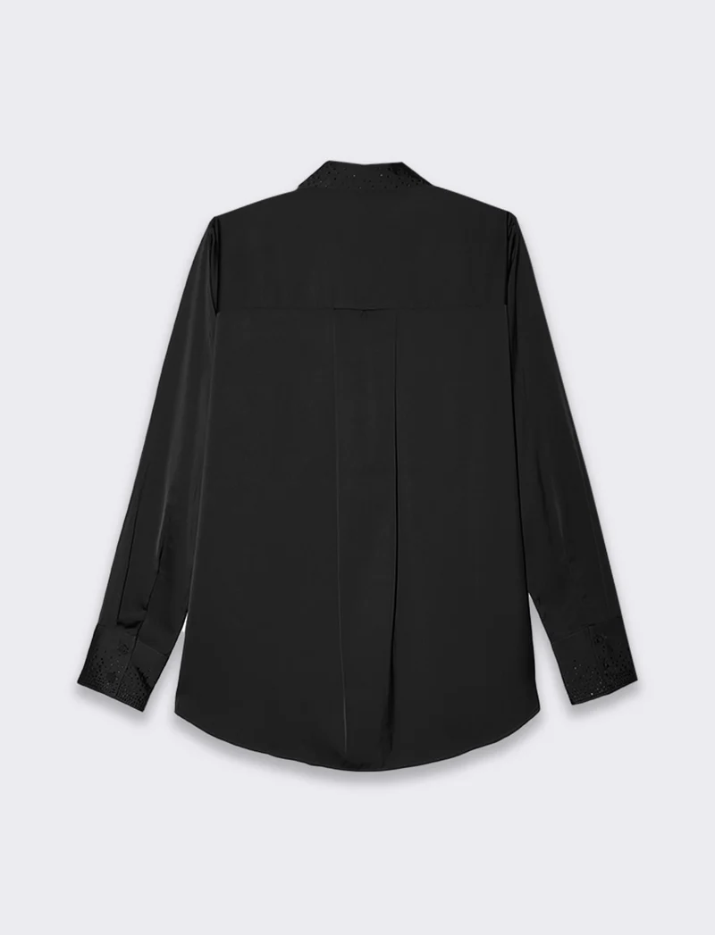 Camicia manica lunga in satin con strass da donna - Nero