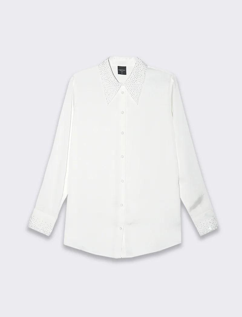Camicia manica lunga in satin con strass da donna - Bianco panna