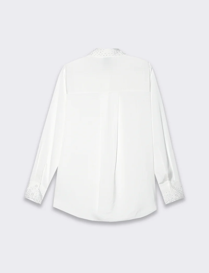 Camicia manica lunga in satin con strass da donna - Bianco panna